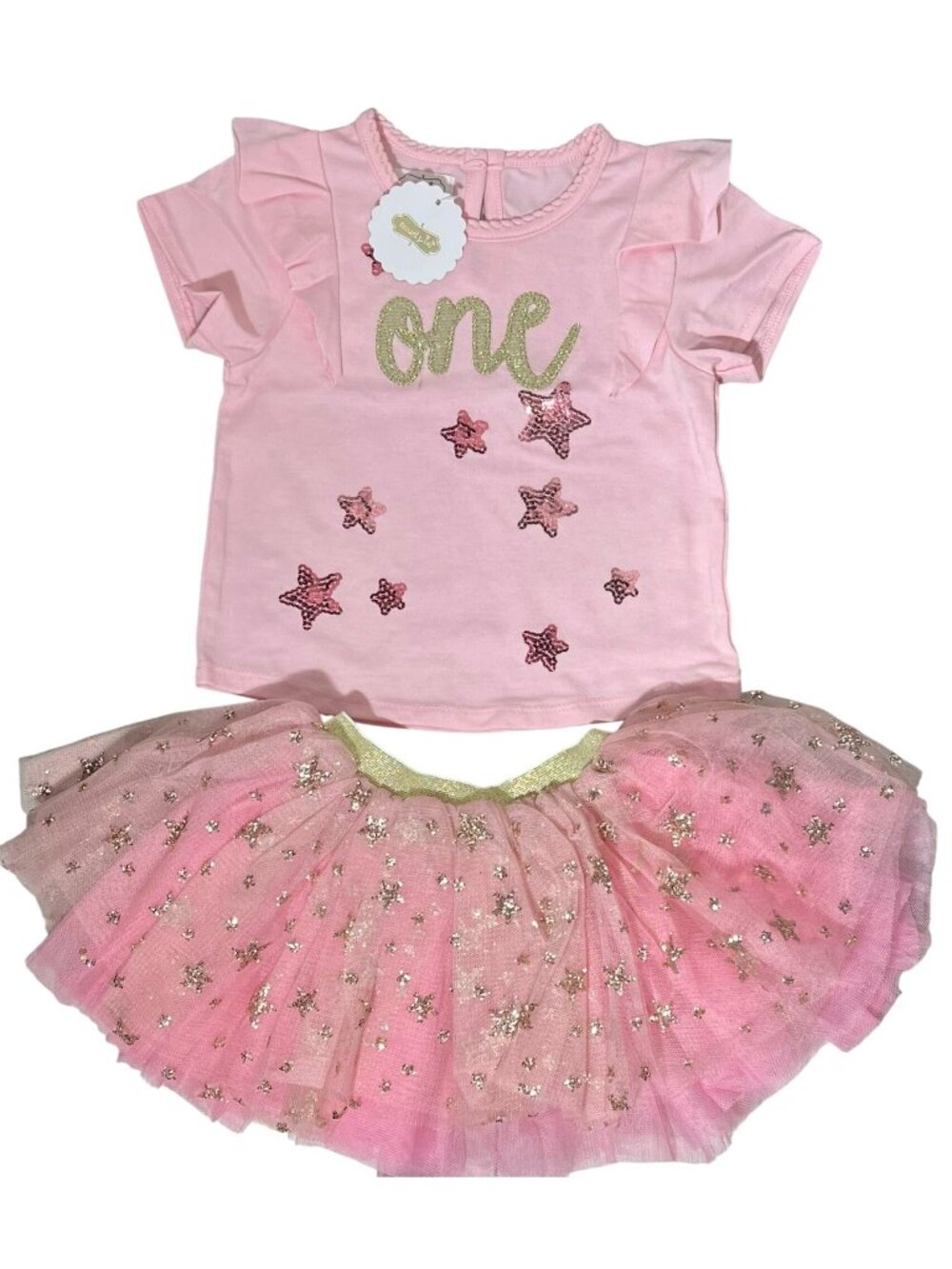 Mud Pie 12-18m NWT 1 One 1st birthday outfit tutu shirt pink sequins stars spark